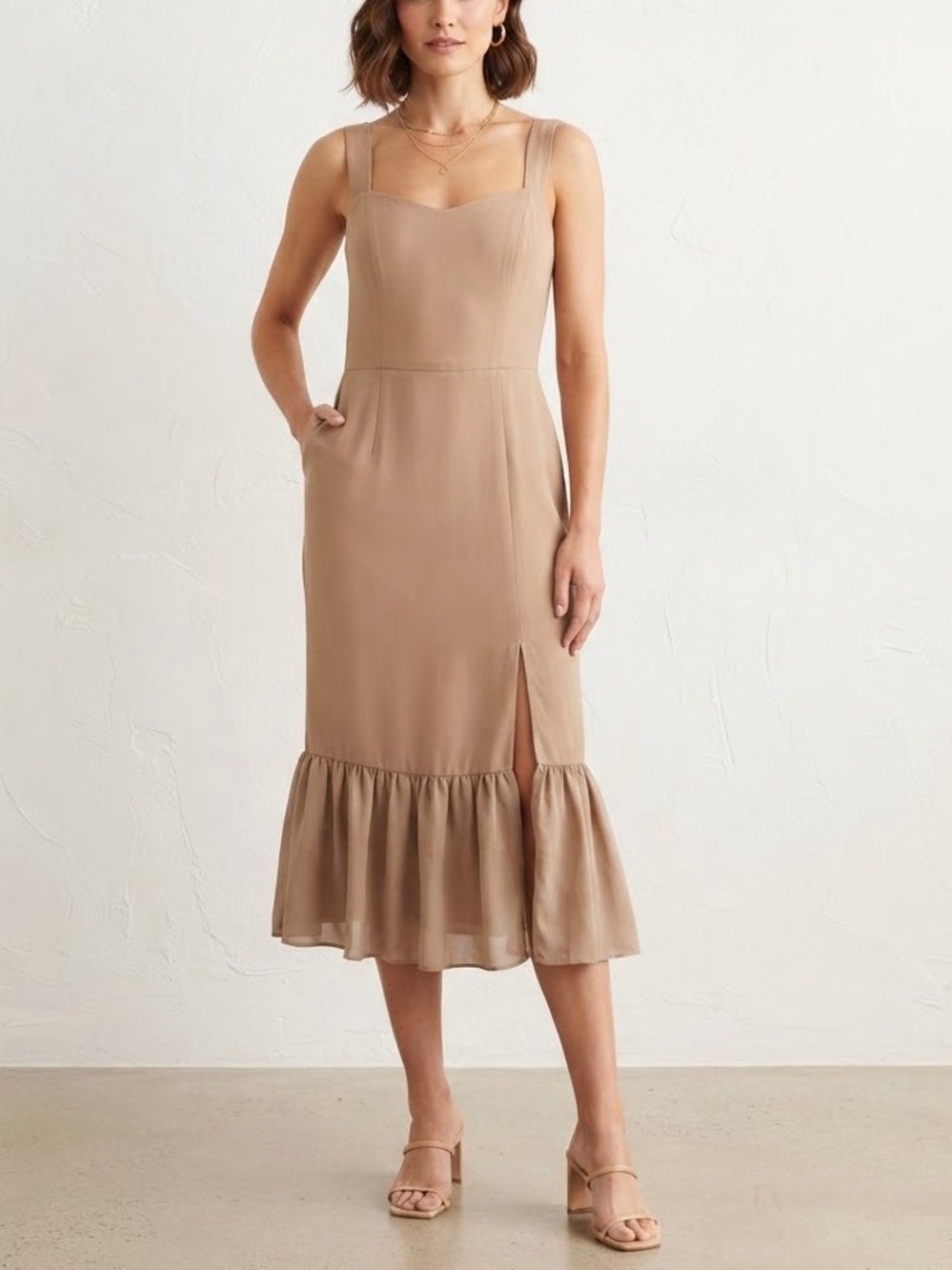Sleeveless Taupe Midi Dress with Ruffle Hem
